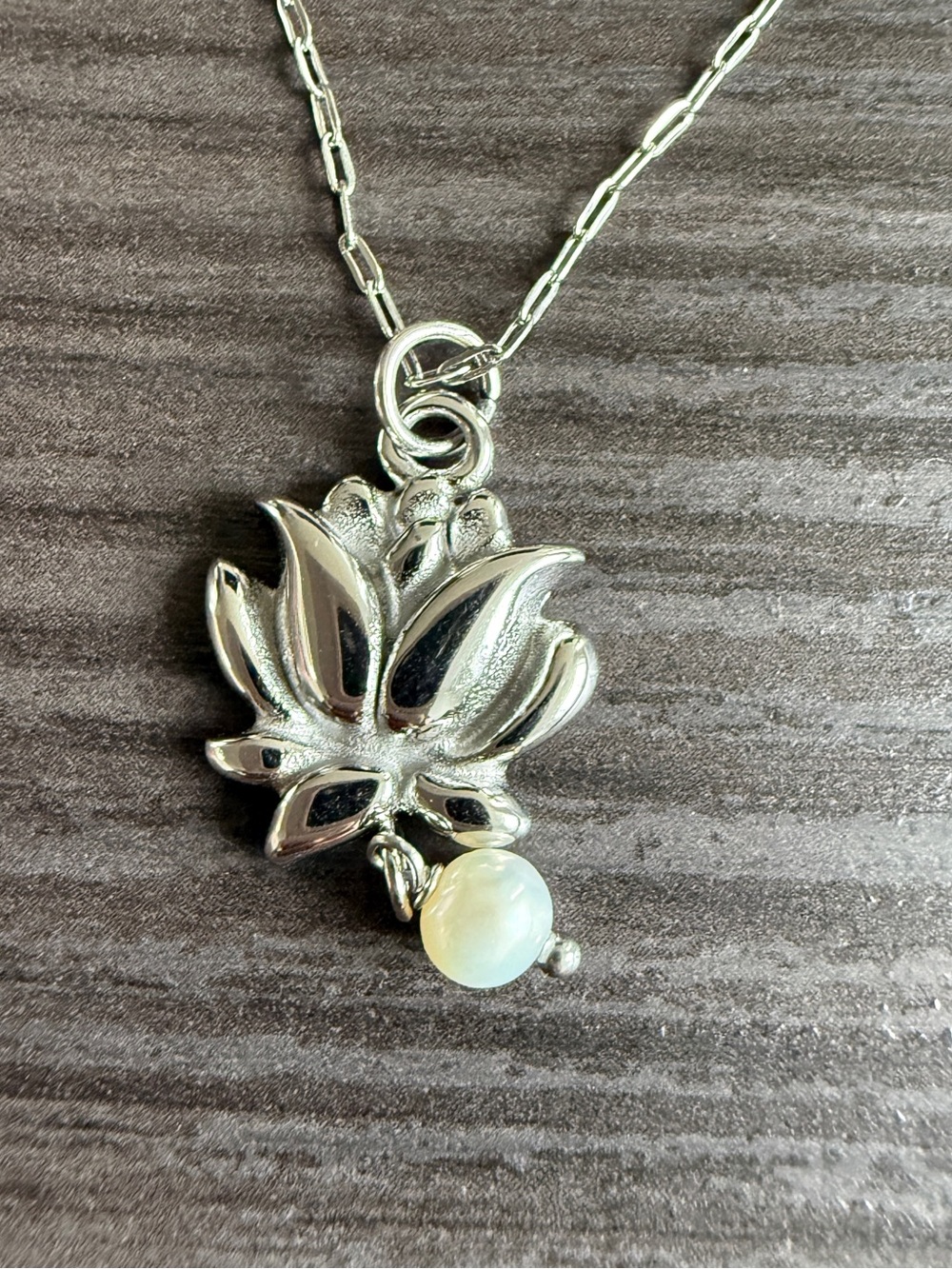 Sterling Silver Lotus Pendant Necklace with White Pearl Accent